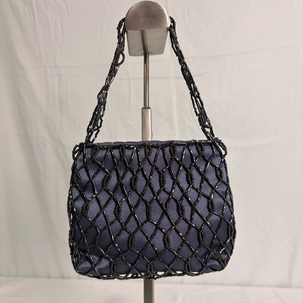 Vintage Y2K Gunmetal Beaded Mesh Shoulder Bag Slate Grey Satin Evening Pouch